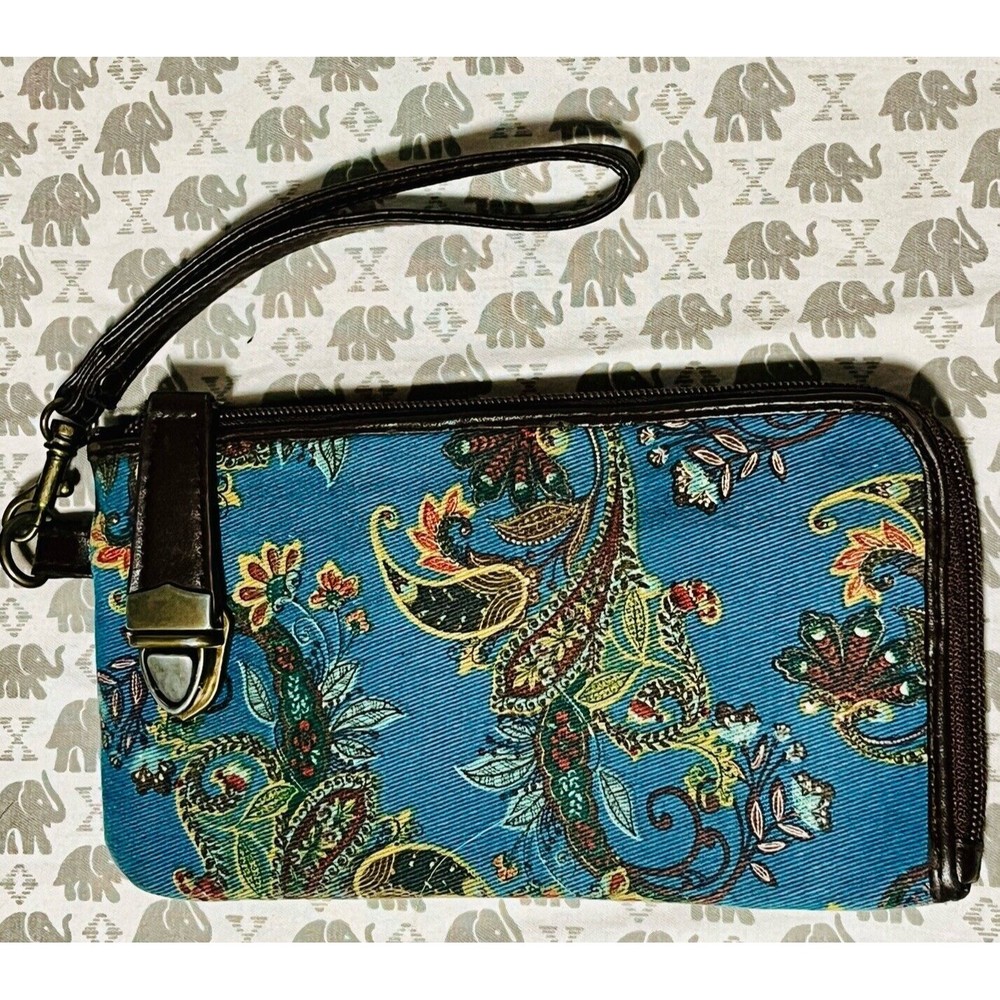 Icing Wallet Wristlet Teal Floral Paisley Tapestry Zip w/ Strap